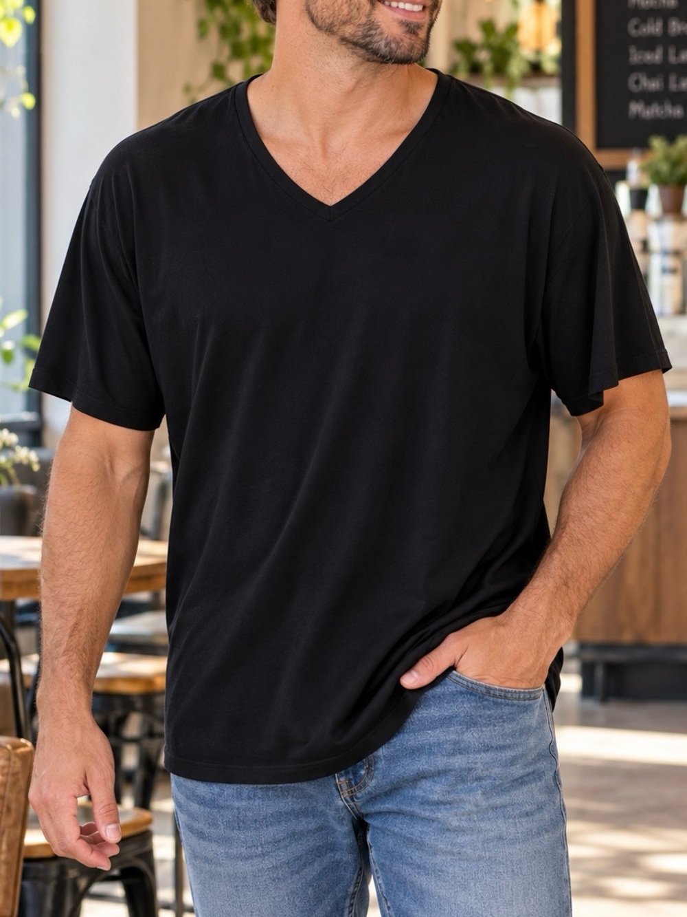 Alfani Men’s Black V Neck Shirt Size M Short Sleeve Stretch Casual Modern Top